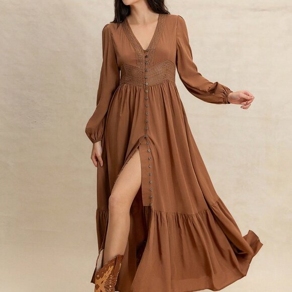 Boho Beauty Brown Women's Cinch Lace waist long sleeve Maxi Dress - Picture 7 of 8